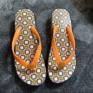 Tory Burch Signature Orange Blue Flip Flop Sandals